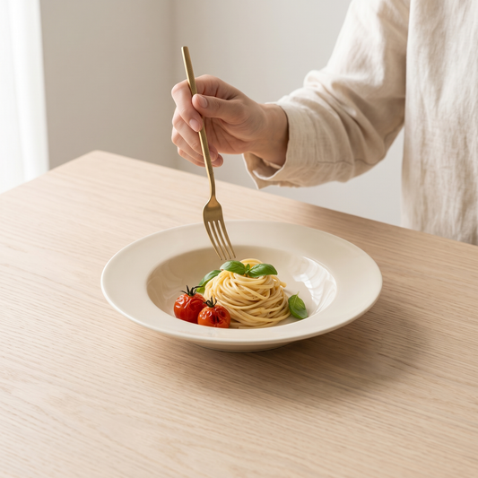 Sorbet cream porcelain deep plate with pasta on a pale oak table