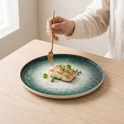 Emerald Drift stone-glaze plate with seared fish on a pale oak table