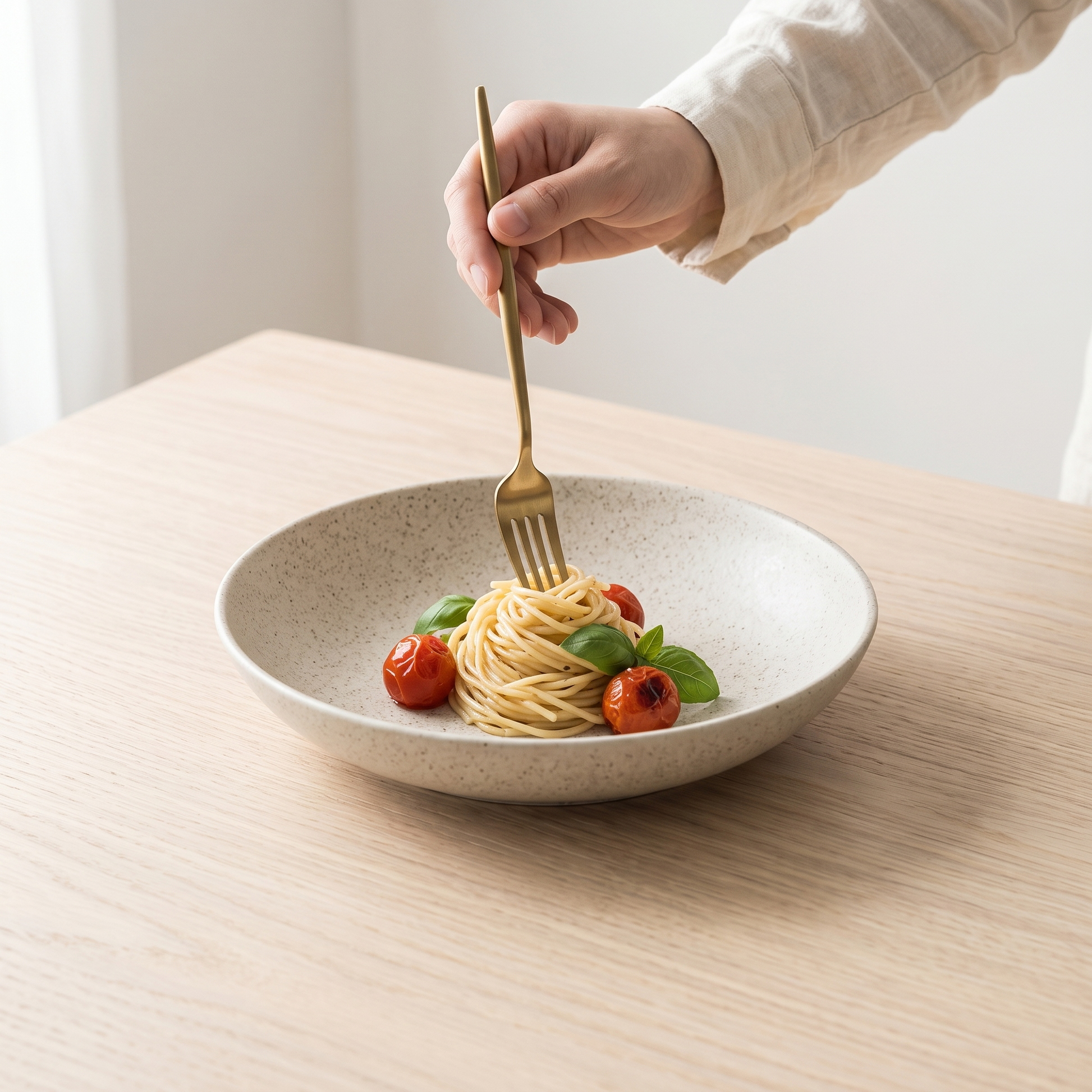Terra Stone underglaze deep plate with pasta on a pale oak table