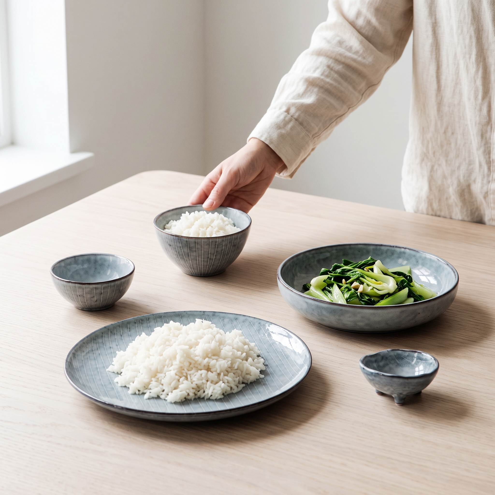 Heirloom celadon dinnerware set on a pale oak table