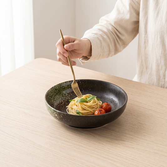 Palette glaze porcelain deep plate with pasta on a pale oak table