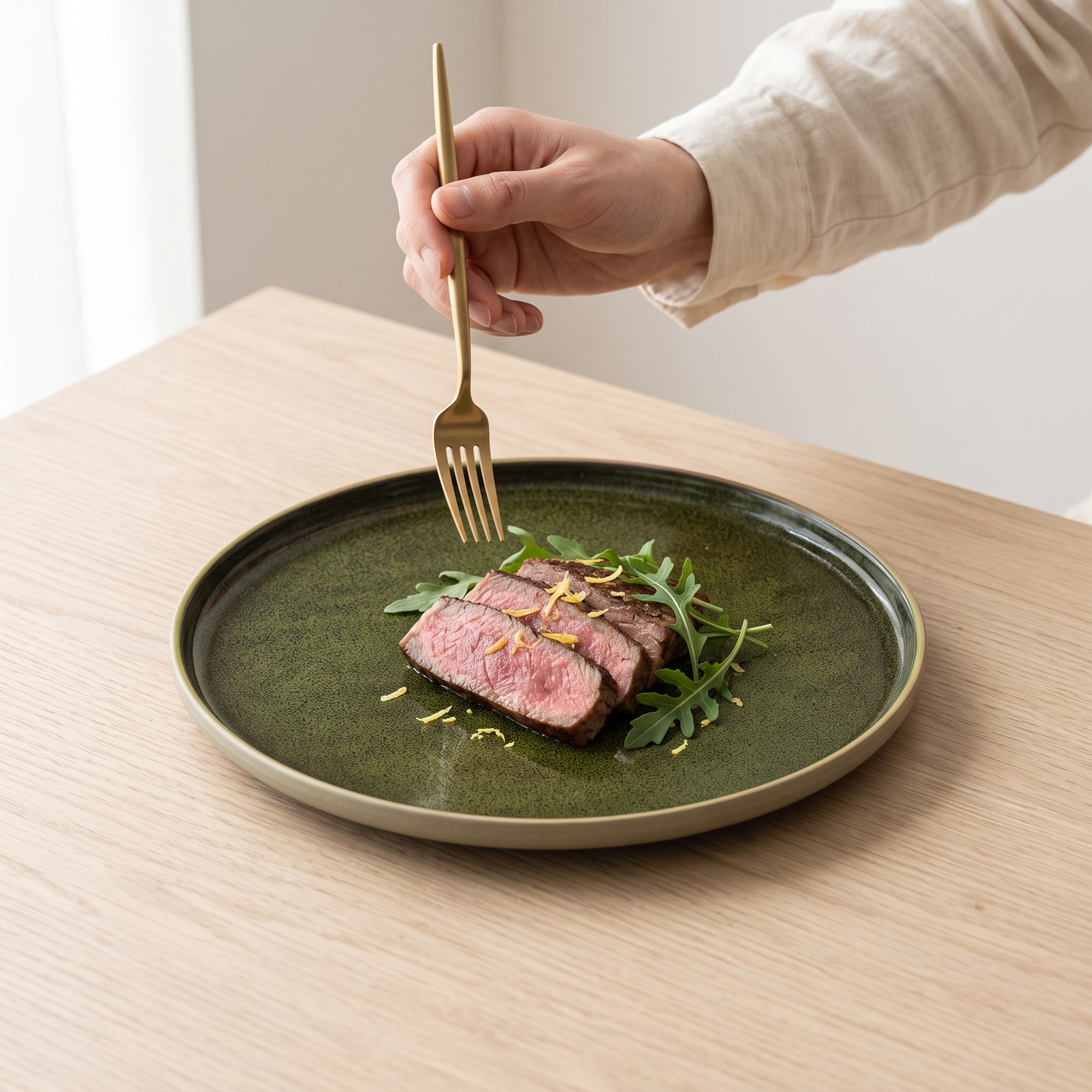 Verdigris handmade underglaze flat plate with steak on a pale oak table