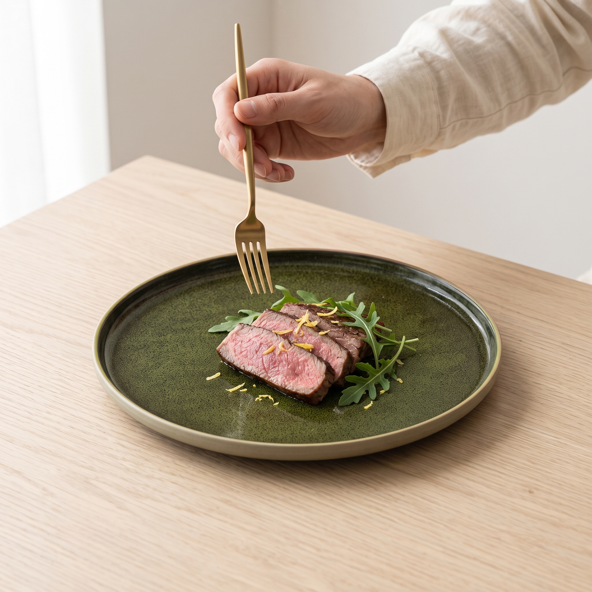 Verdigris handmade underglaze flat plate with steak on a pale oak table