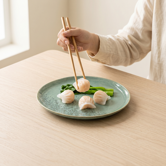 Jade Fall minimalist shallow plate with dumplings on a pale oak table