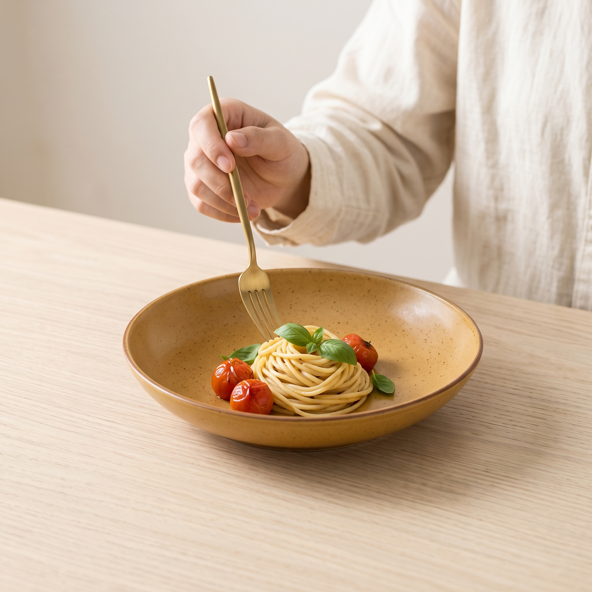 Amber retro colour-glaze deep plate with pasta on a pale oak table
