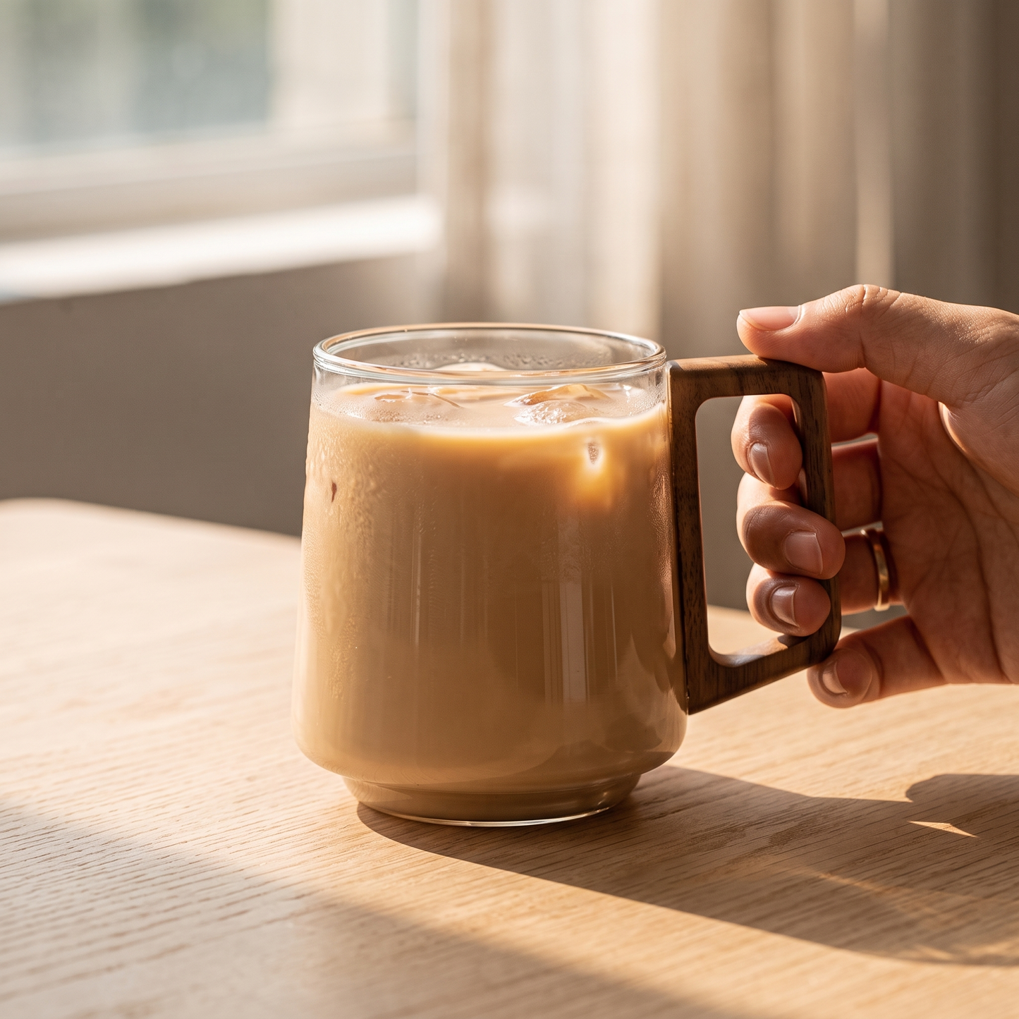 Momiji wooden-handle borosilicate glass with iced milk tea on a pale oak table