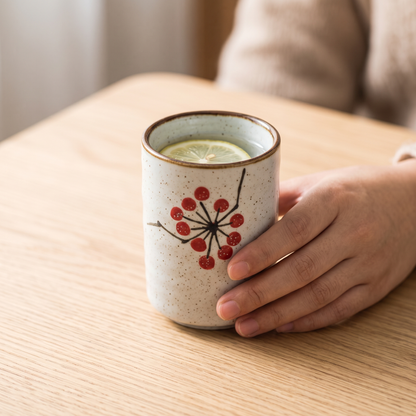 Hanae hand-painted floral glass tumbler with water on a pale oak table
