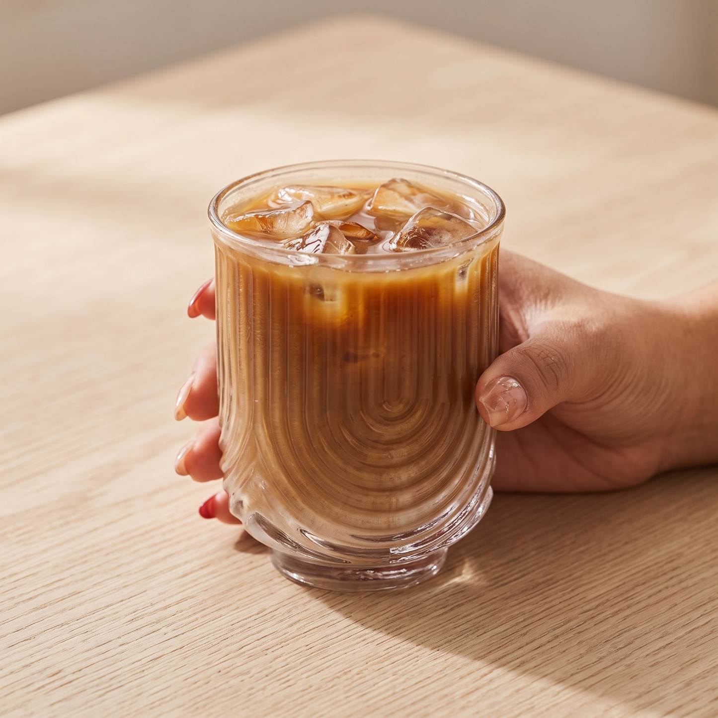 Nami ribbed crystal glass tumbler with iced coffee on a pale oak table