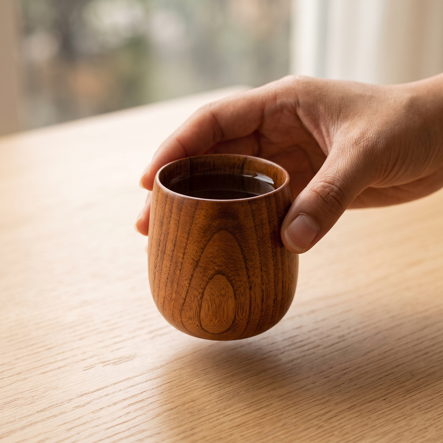 Kuri hand-turned wood sake cup on a pale oak table