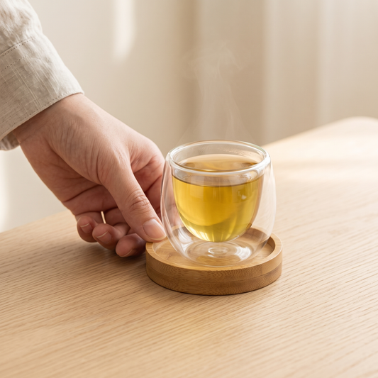 Yuki double-wall glass teacup on wood tray with green tea