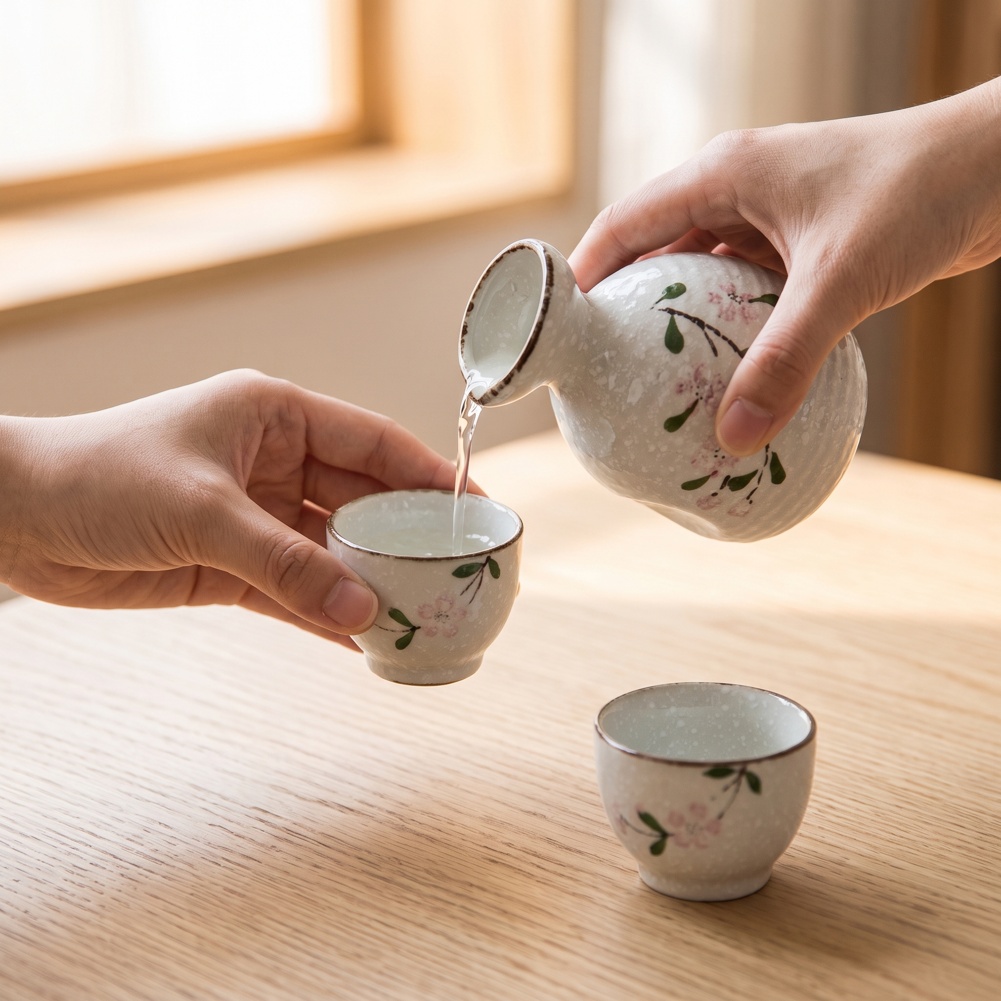 Sakura cherry-blossom ceramic sake set being poured on a pale oak table