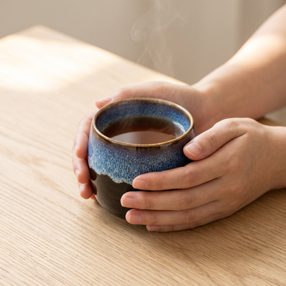 Kaze handleless ceramic tea cup cradled in two hands