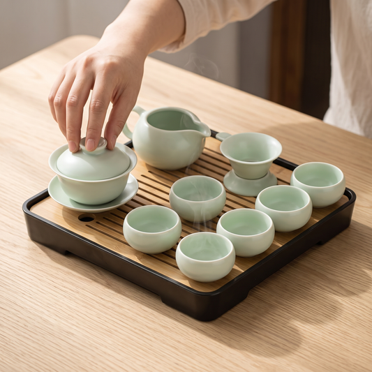Chado gongfu porcelain tea set resting on a bamboo tray on a pale oak table